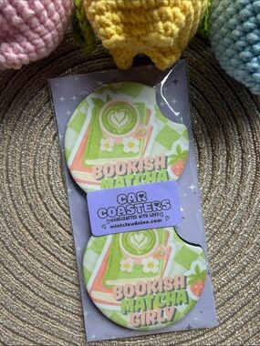 ☁️ 3/$30☁️ HANDCRAFTED CAR COASTER SET - BOOKISH MATCHA GIRLY🍵